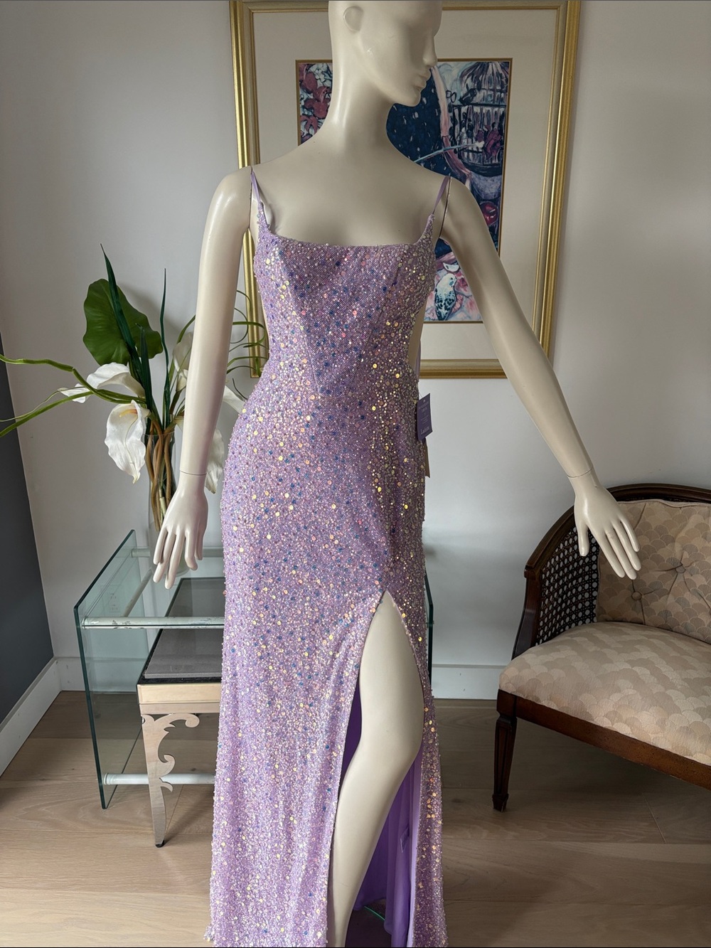 Lilac Sequin Spaghetti-Strap Prom Dress with Thigh Slit